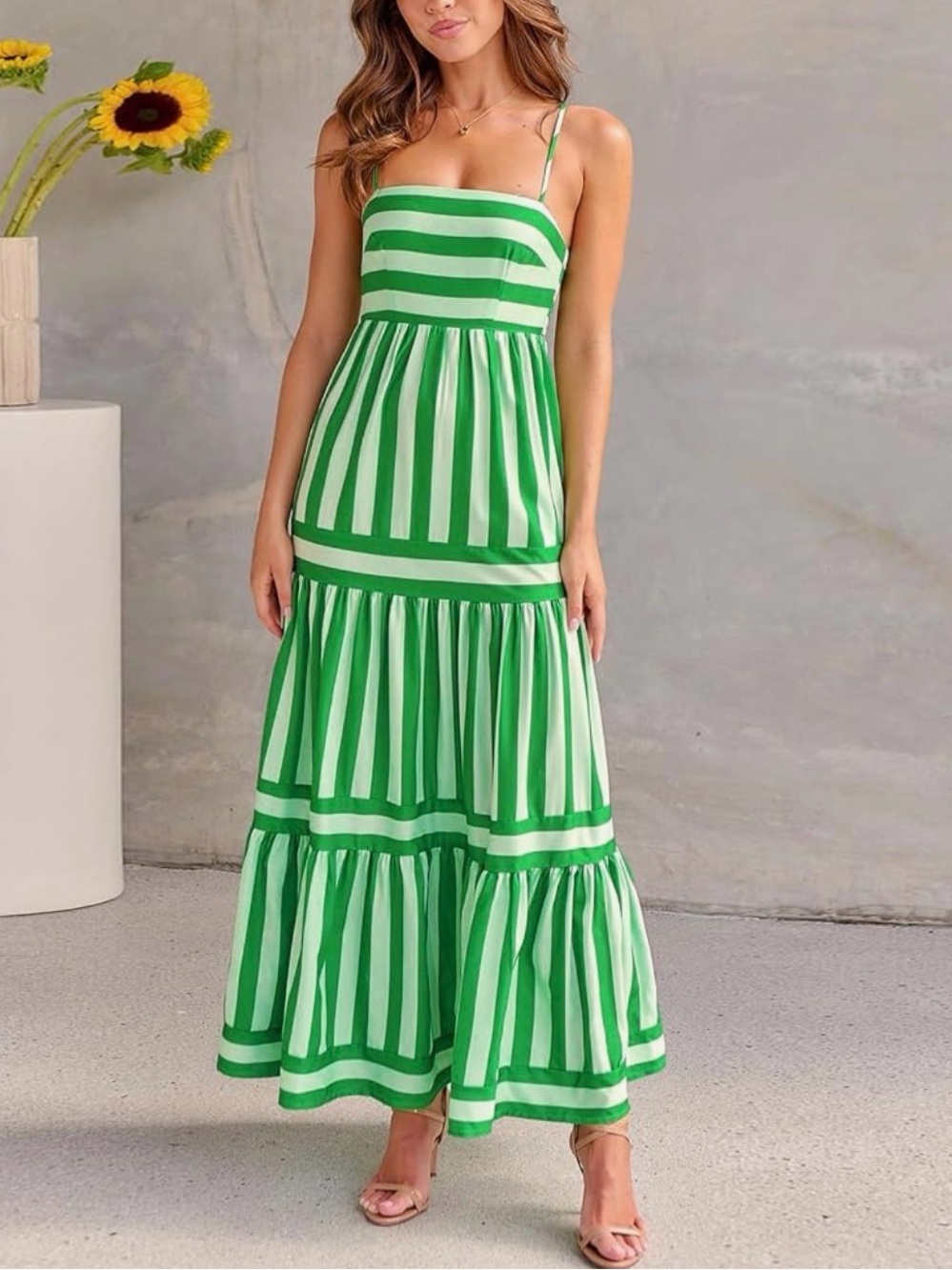 Green Stripe Maxi Dress with Spaghetti Straps